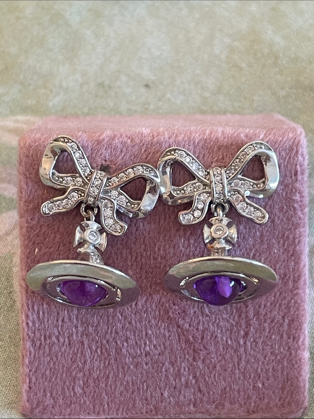 VIVIENNE Westwood Bow Drop Earrings with Purple Stone Accent